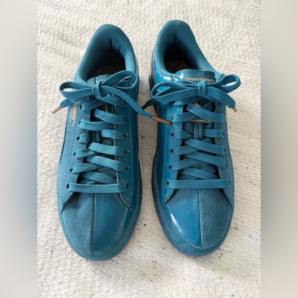 Puma Teal Sneakers with Suede and Glossy Finish